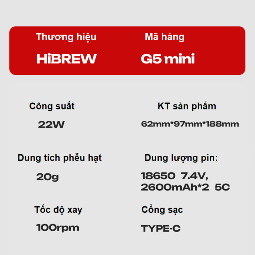 Máy xay hạt cà phê Espresso cầm tay, dùng pin thương hiệu Mỹ cao cấp HiBREW G5 MINI - Hàng chính hãng