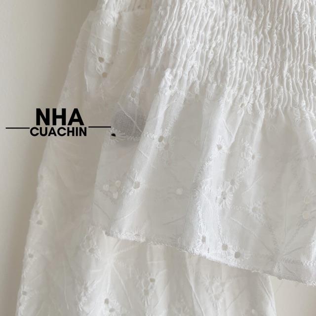 Áo trễ vai ren trắng