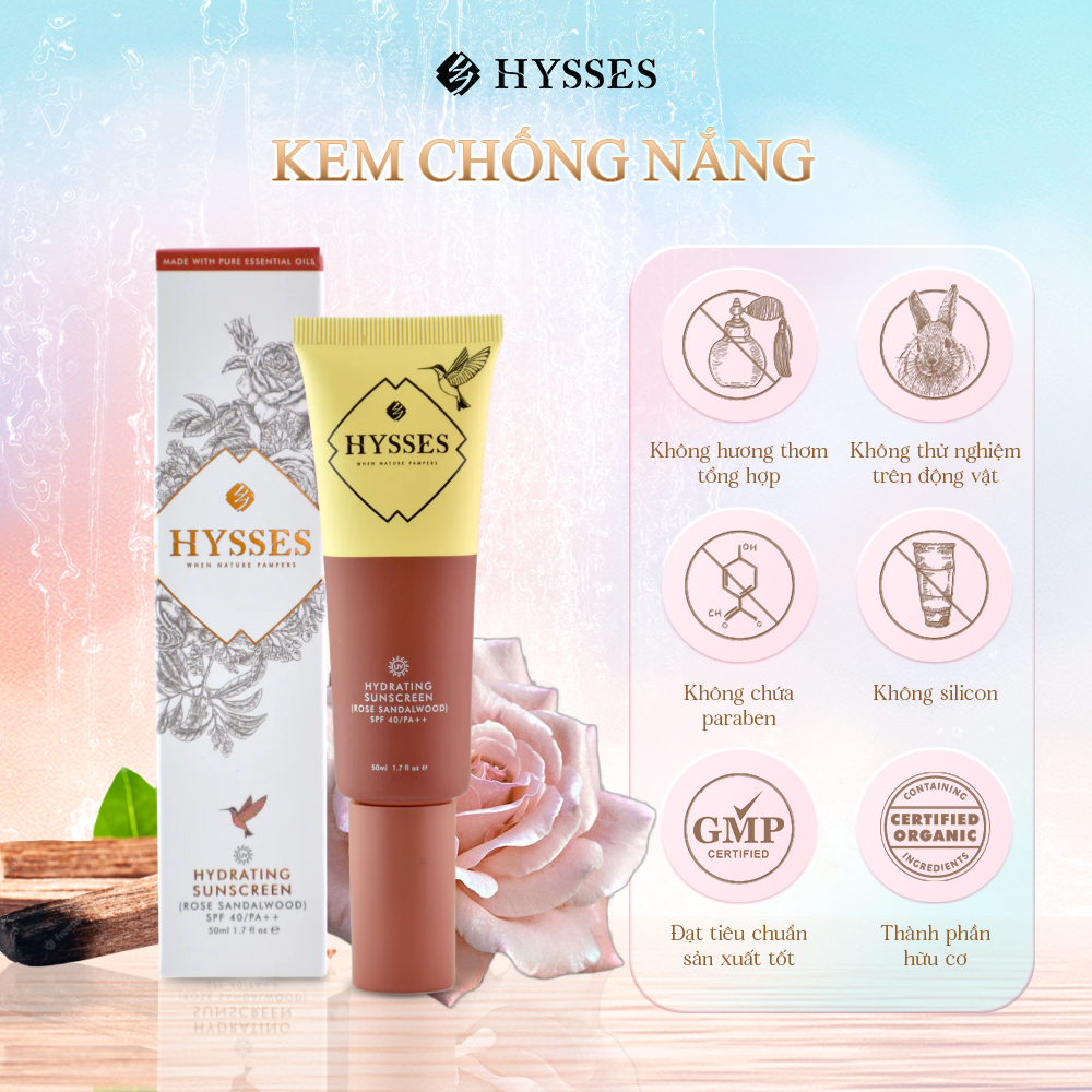Kem Chống Nắng Cao Cấp Hysses Hydrating SPF40/PA++ Dưỡng Ẩm Sâu, Bảo Vệ Da Trước Tia UVA/UVB, Làm Mờ Nếp Nhăn Với Tinh Dầu Gỗ Đàn Hương và Hoa Hồng Hữu Cơ Tự Nhiên