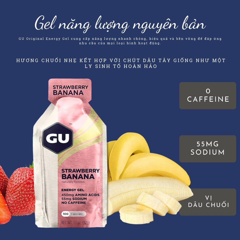 (Combo 3 Gói) Gu Gel Energy Vị Strawberry Banana - Gel Năng Lượng Hỗ Trợ Đạp Xe Chạy Bộ