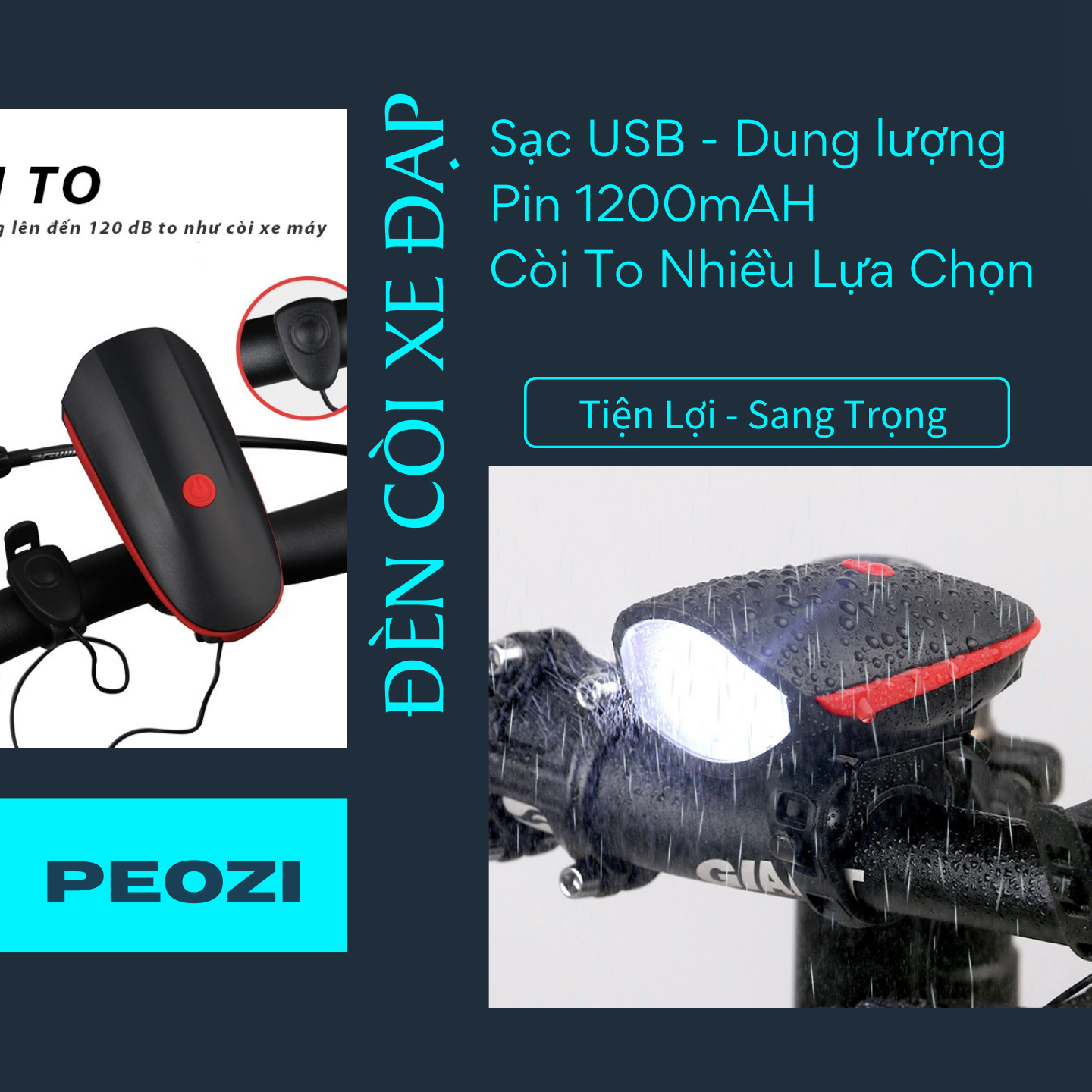 Đèn Pha Xe Đạp Có Còi/Kèn - Pin Mạnh 1200mAh - Sáng Tới 5 Giờ Liên Tục - 3 Chế Độ Sáng - Còi To - Chống Nước