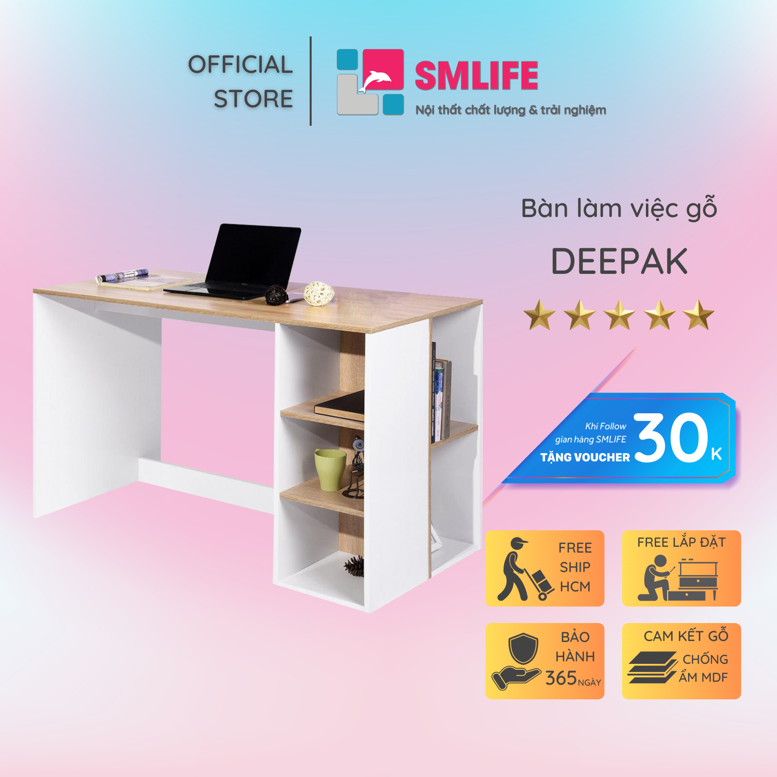 Bàn làm việc, bàn học gỗ hiện đại SMLIFE Deepak | Gỗ MDF dày 17mm chống ẩm | D120xR60xC75cm