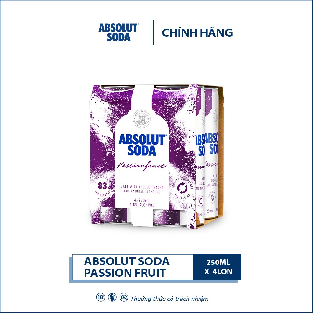 Lốc 4 lon đồ uống có cồn hương chanh dây Absolut Soda Passionfruit (250ml/lon)