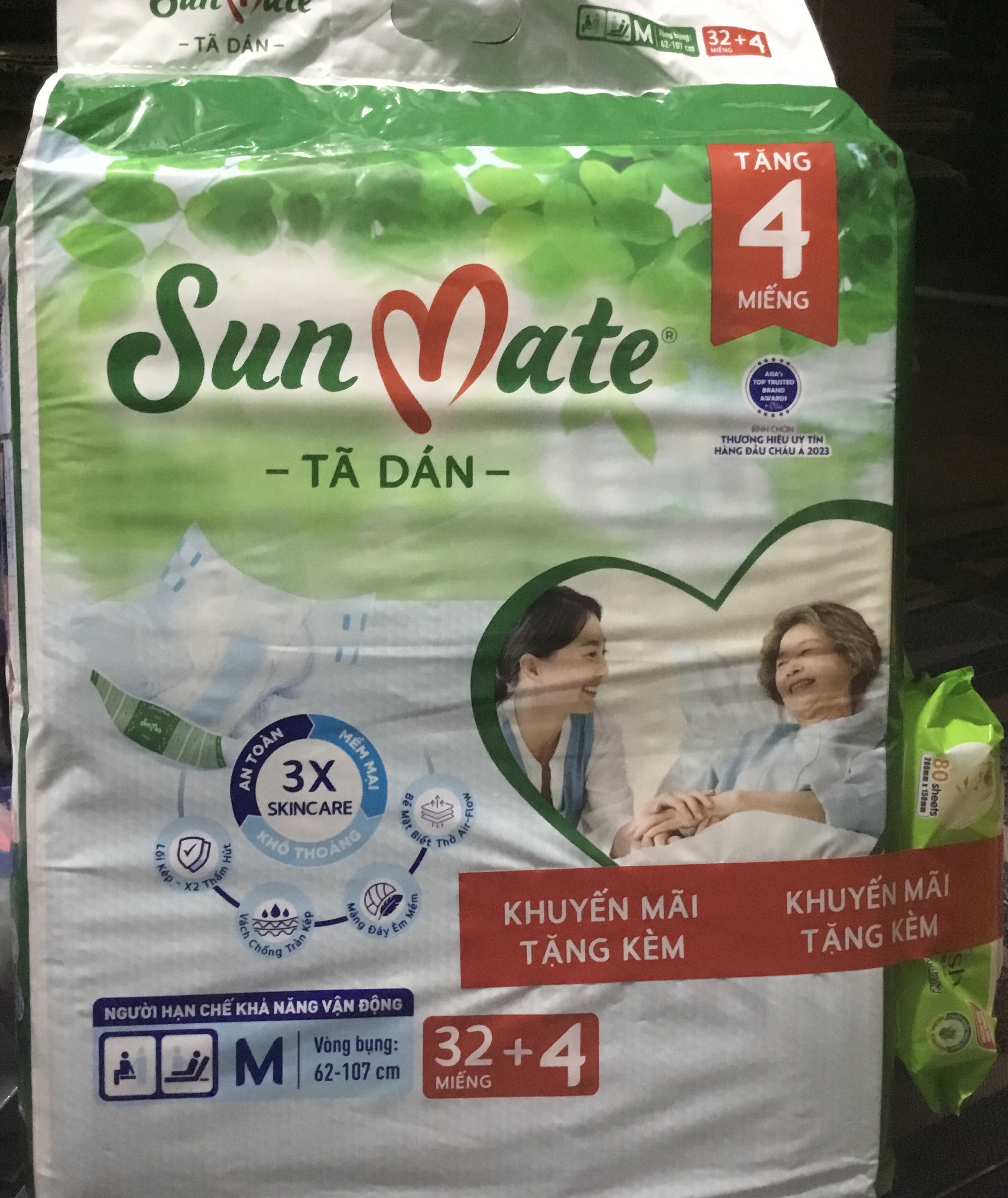 (Mẫu Mới) Tặng Kèm 1 Gói Khăn Ướt 80 Tờ - Tã Dán Sunmate M32 +4 (36 Miếng) - Tã Dán Cho Người Lớn (Bằng Size Và Tiết Kiệm Hơn Sunmate M10) -Hsd Luôn mới