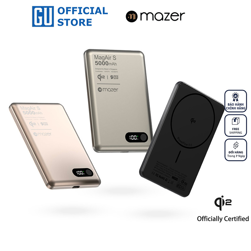 Pin Sạc Dự Phòng Không Dây MAZER MagAir S Qi2 15W PD 20W 5.000mAh Siêu Mỏng Màn Hình Số Hiển Thị Pin Và Trạng Thái Sạc Hàng Chính Hãng