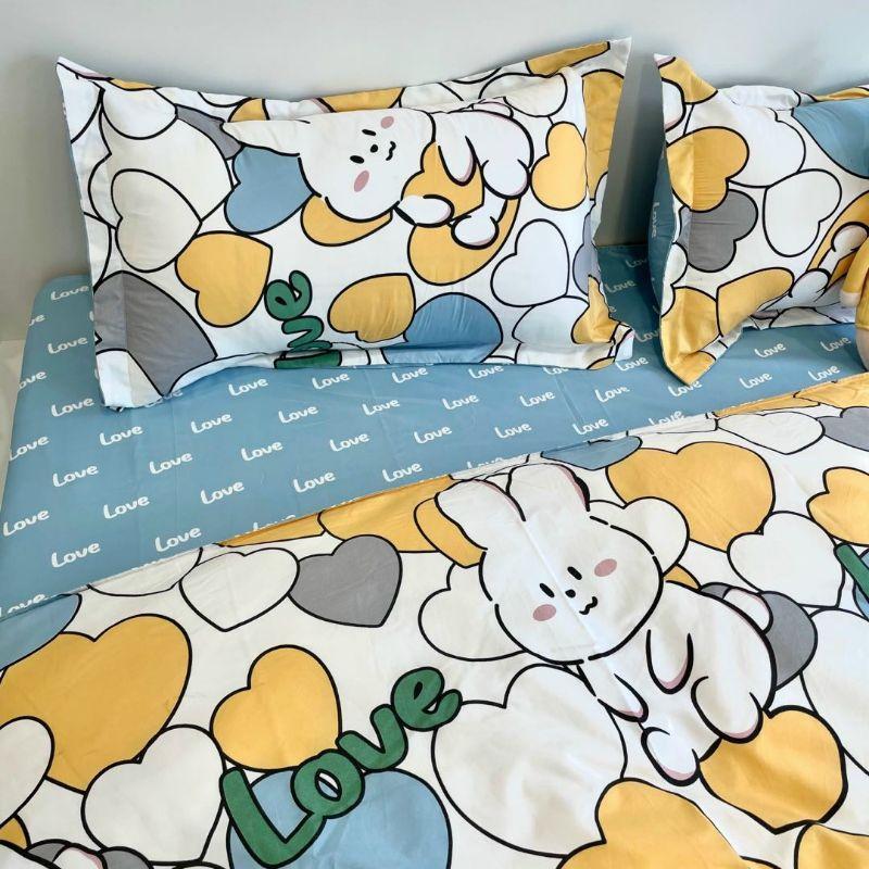 Bộ chăn ga cotton poly Shopquy mẫu đáng yêu Thỏ Love. Chăn ga gối phong cách hàn quốc
