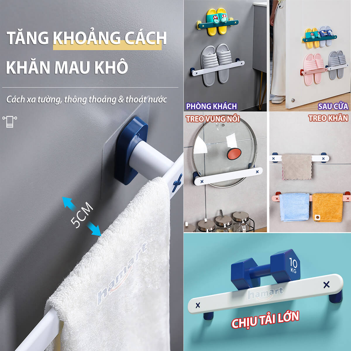 Thanh Để Dép Treo Tường Cài Khăn Móc Đồ Đa Năng Dán Tường Nhà Tắm KAW Decor Nhựa ABS Keo Siêu Dính