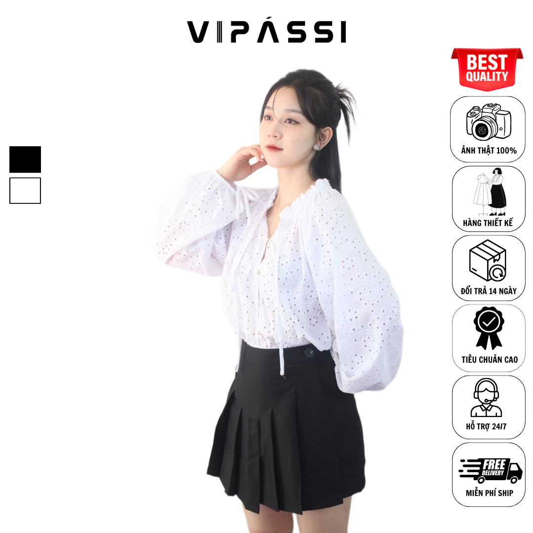 VIPÁSSI Áo Ren Nữ Dài Tay Phồng Cổ Nhún Bèo Dây Thắt Nơ