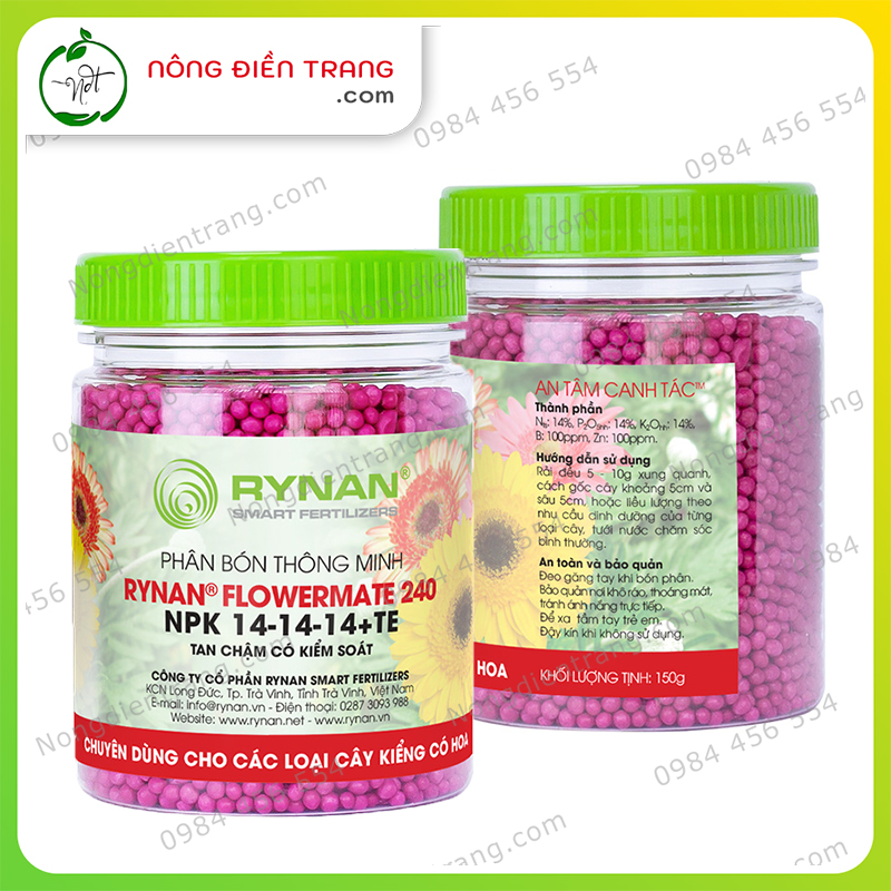 Phân Bón Thông Minh Tan Chậm RYNAN 240 - Hộp 150g - Chuyên dùng cho hoa kiểng - Kích sinh trưởng, ra lá, hoa nhiều VTNN Nông Điền Trang