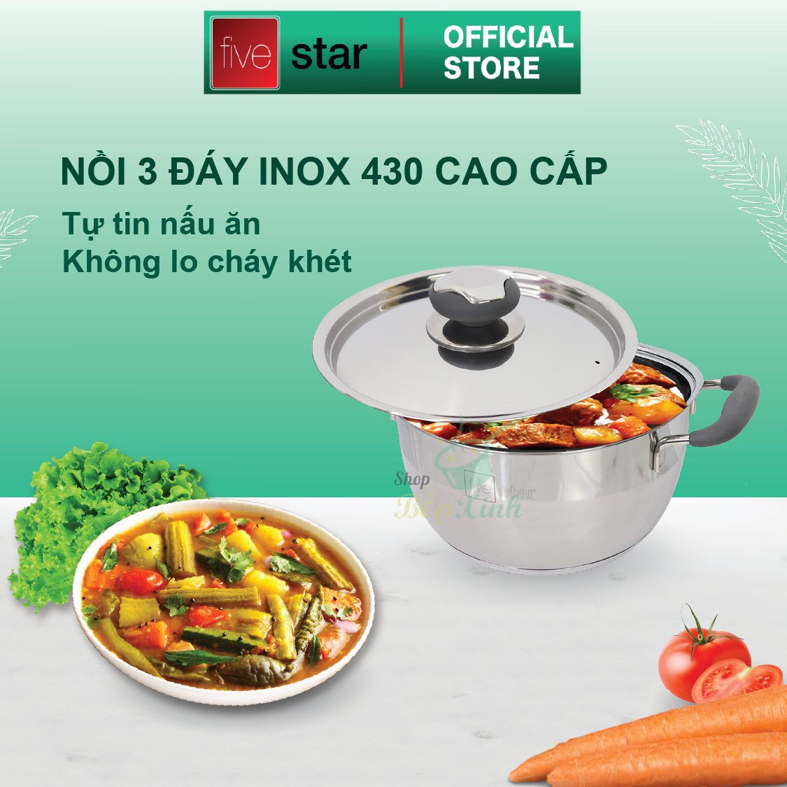 Bộ nồi chảo chống dính bếp từ 3 đáy inox 430 Thân Cool Fivestar Standard quai silicon chống nóng nắp inox , tặng 1 vá canh