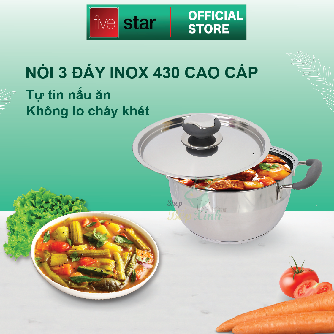 Nồi 3 đáy inox 430 Fivestar Standard quai silicon chống nóng nắp inox-sử dụng bếp từ-tặng 2 vá canh 24cm