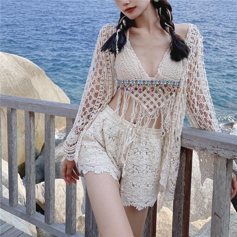 49-Set ren đi biển -bikini len móc 3 món sang chảnh cho nữ 2022