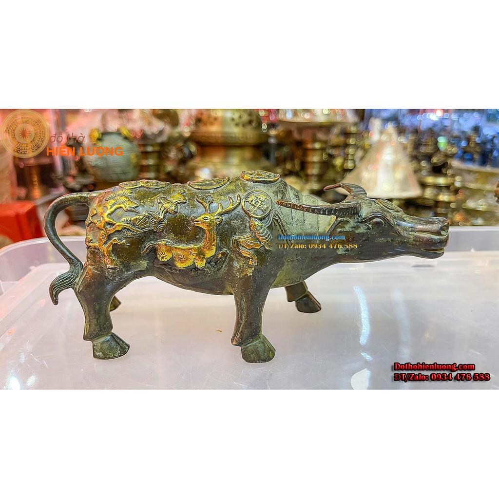 Đôi Trâu Đồng Chữ Phúc Màu Xanh Rêu Giả Cổ Cao 10cm