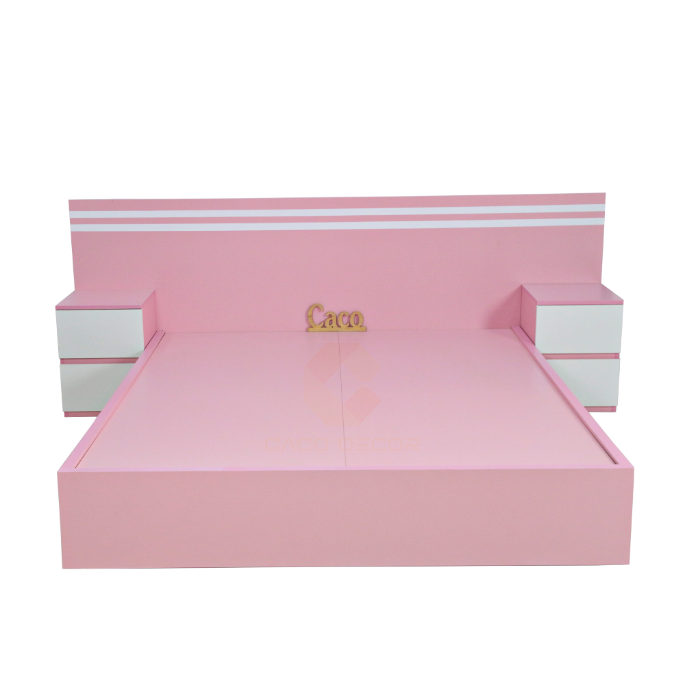 GIƯỜNG NGỦ GỖ MDF MELAMINE MÀU HỒNG KẾT HỢP HAI TỦ ĐẦU GIƯỜNG