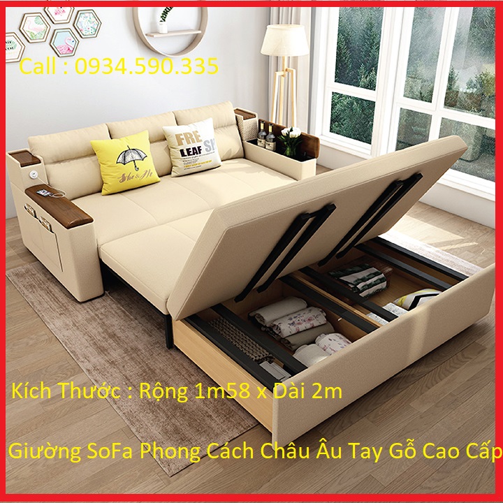 Giường Sofa Thông Minh, Vải Nano Tay Gỗ Óc Chó Cao Cấp Có Cổng Sạc Tiện Lợi - Sofa Gấp Gọn Đa Năng Phong Cách Châu Âu