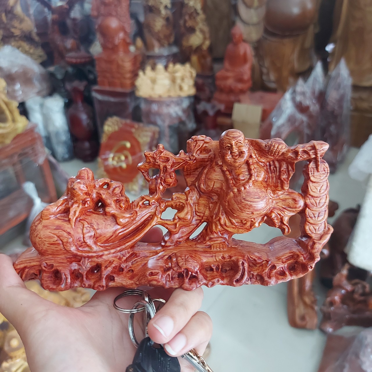 Tượng Di lặc kéo bao gỗ hương kt 20/9/6cm - Tượng Phật để oto, bàn làm việc, tượng Di Lặc Gỗ