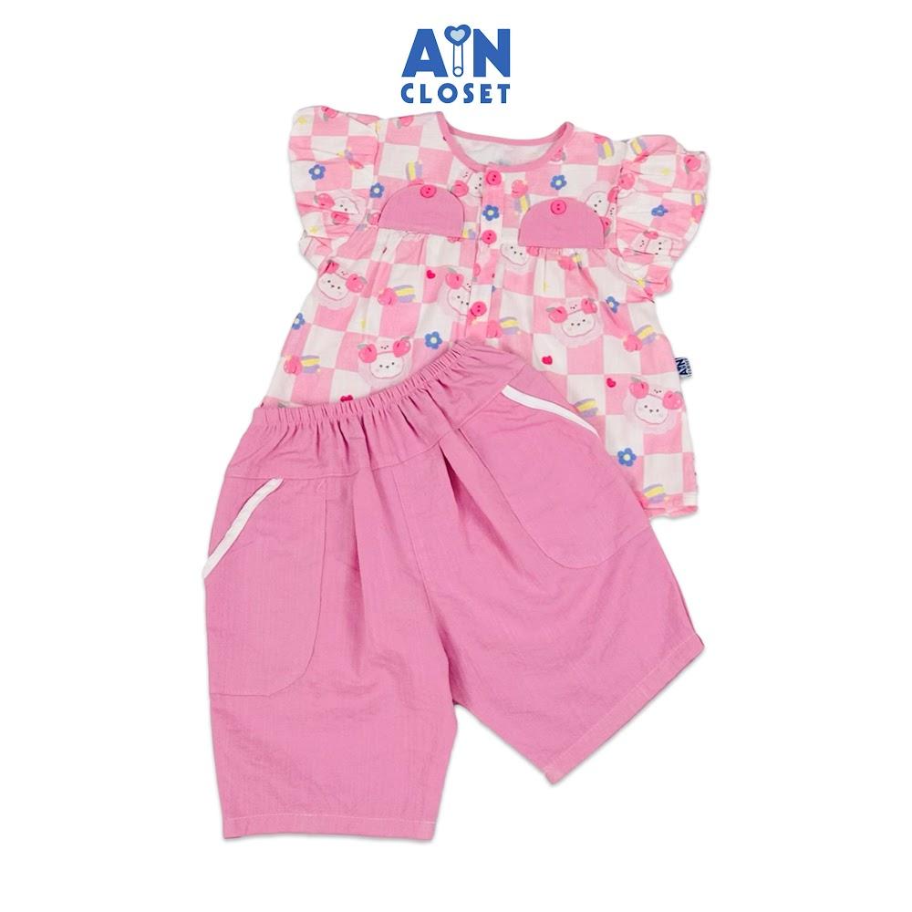 Bộ quần áo Lửng bé gái họa tiết Caro Gấu Đào Hồng cotton - AICDBGVAUA1T - AIN Closet