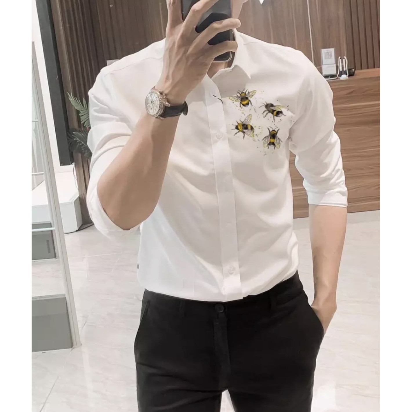 ÁO SƠ MI LỤA NAM IN 3 CHÚ ONG CỰC ĐẸP PHONG CÁCH MẠNH MẼ CỦA NĂM