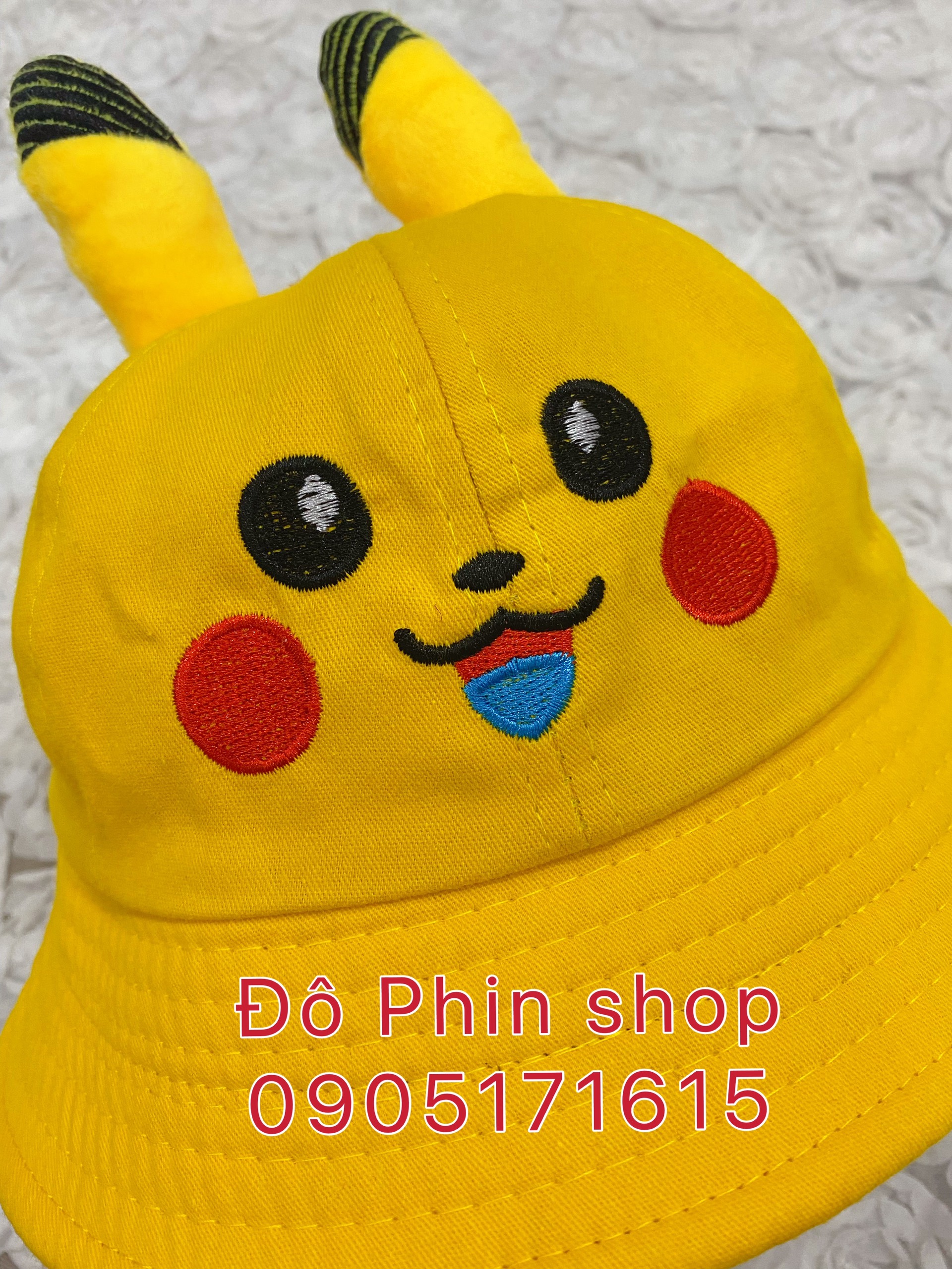 Mũ vành bucket Pikachu chống giọt bắn trẻ em, vòng đầu 52cm, có dây quai nón, tấm chắn có thể tháo rời làm nón thời trang cho bé