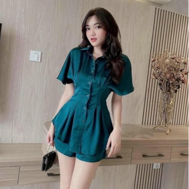 Sét bộ đùi áo cổ sơ mi cài nút ôm eo tay ngắn phối quần đùi phù hợp phong cách mùa hè chất liệu tuyết nhung 4 màu