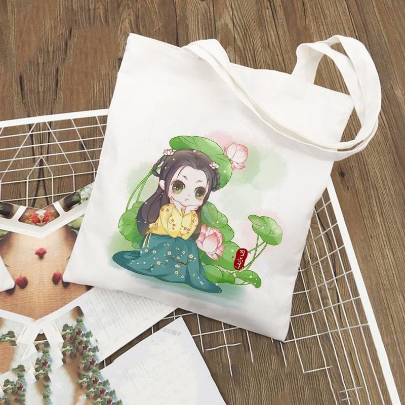 Túi Tote Vải Canvas đeo vai in hình CHIBI CỔ TRANG Hàn Quốc Có Khóa Miệng Túi + TÚI CON