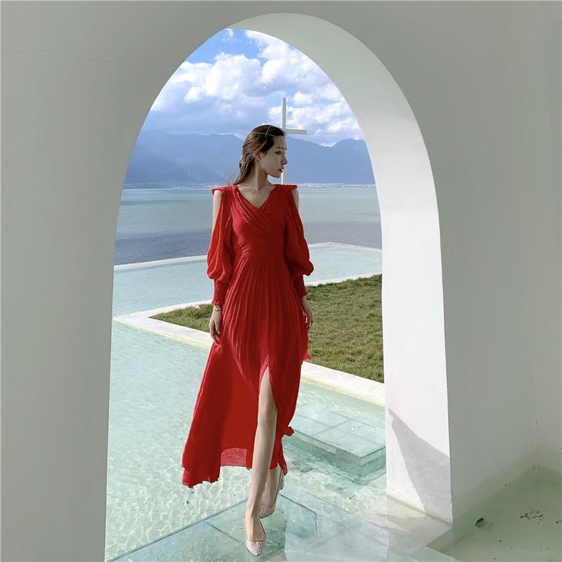 ĐẦM MAXI VÁY MAXI VOAN ĐỎ TAY DÀI TAY KHOÉT HÀNG QUẢNG CHÂU