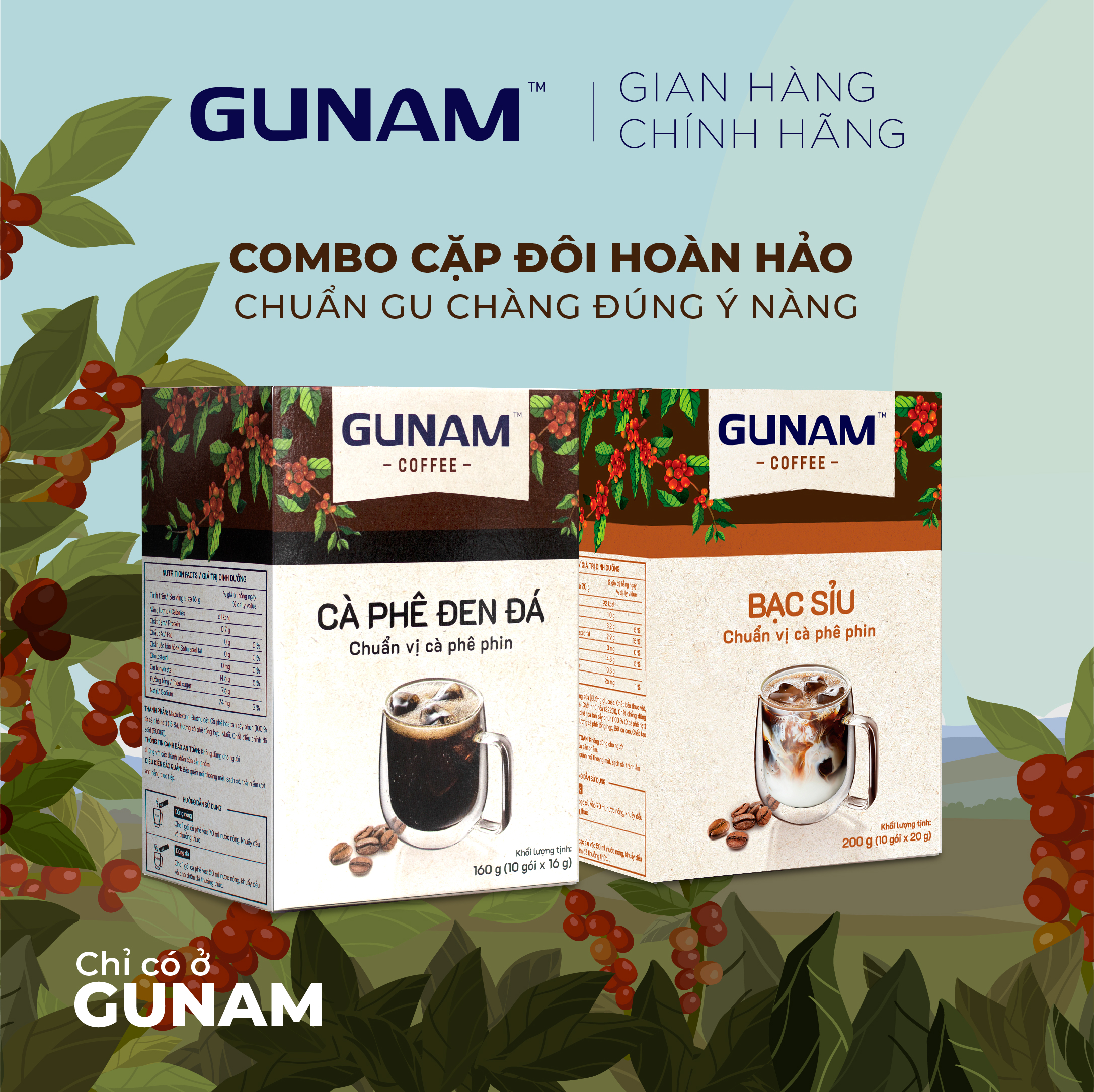 Combo Cặp Đôi Hoàn Hảo - cà phê hòa tan GUNAM đen đá (10 gói x 16g) + cà phê hòa tan GUNAM bạc sỉu (10 gói x 20g)