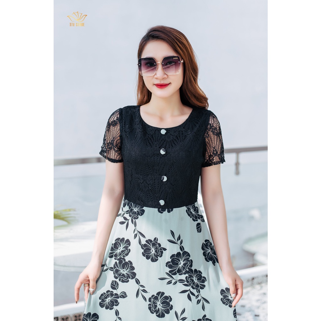 Đầm xoè thời trang trung niên TTV Store cổ tròn kết nút tay ngắn Xanh hoa đen TTV1175