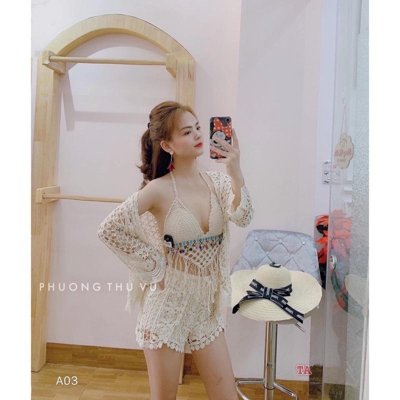 56-Set đồ bơi bikini sợi móc + ren 3 món đi biển mùa hè( có bán lẻ)