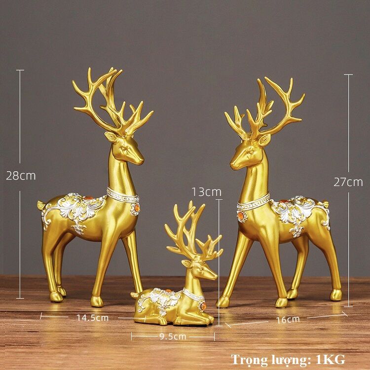 Tượng Decor Gia Đình Hươu Nai Vàng Trang Trí Phong Thủy Tài lộc - Bộ 3 Con