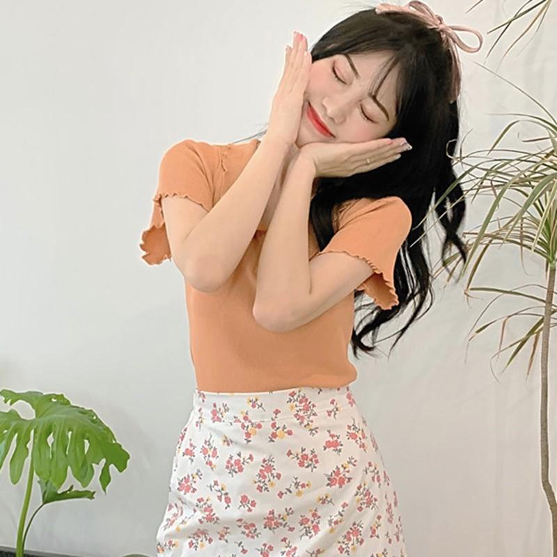 Áo Dệt Kim Tay Ngắn Màu Trơn Thiết Kế Thanh Lịch