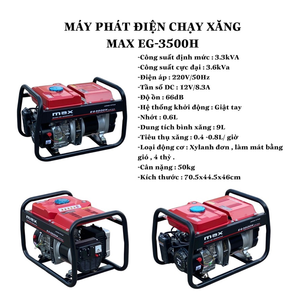 Máy phát điện ABG Max EG3500H - Máy Phát Điện Chạy Xăng Công Suất 3.6Kw Bình Nhiên Liệu Lớn Mức Độ Tiêu Thụ Nhiên Liệu Thấp Tiết Kiệm Điện An Toàn Với Môi Trường Có Thể Khởi Động Bằng Cách Gật Nổ Hoặc Đề