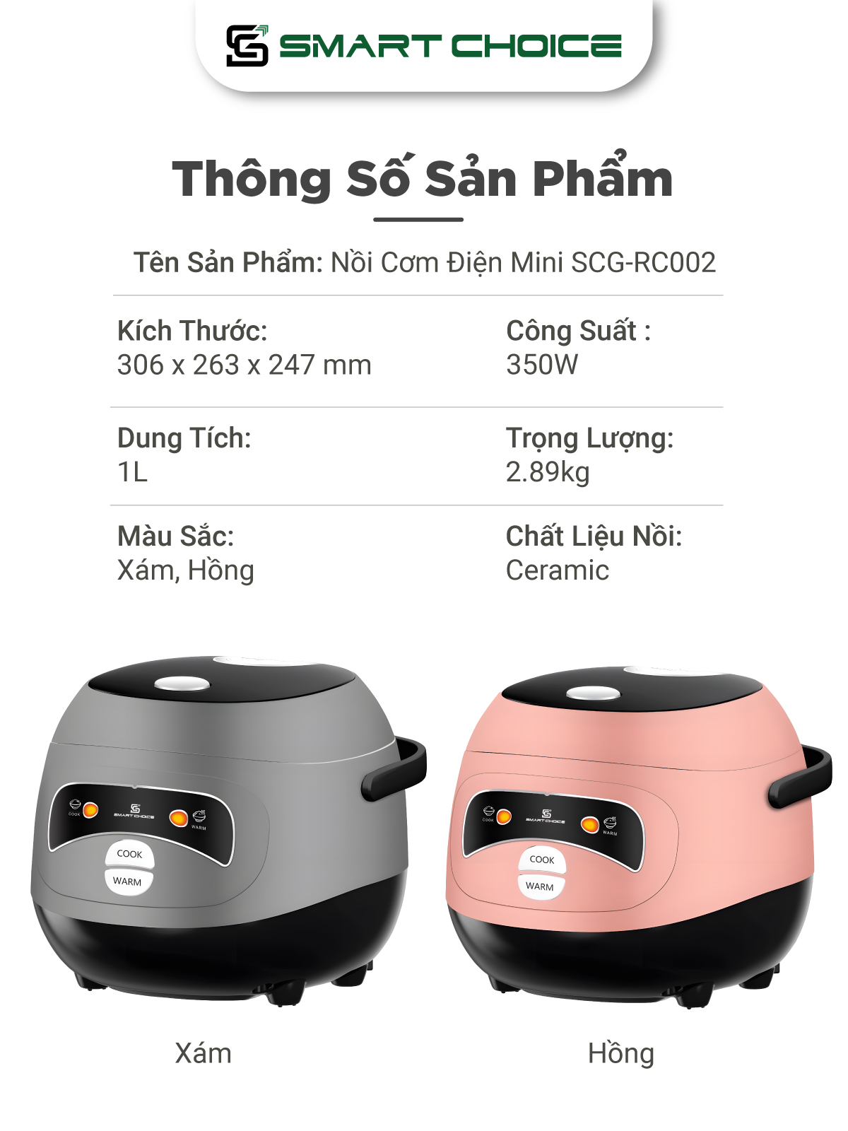 Nồi Cơm Điện Mini SmartChoice SCG-RC002 Hàng chính hãng Nồi Cơm Điện 1L 350W Lòng Nồi Phủ Ceramic Chống Dính Tốt