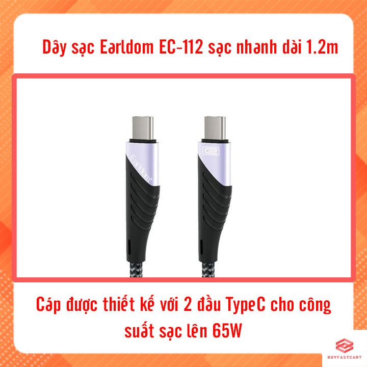 Dây Sạc Nhanh 65W Earldom EC-112 Chiều Dài 1.2m Type C ra Type C - Hàng chính hãng