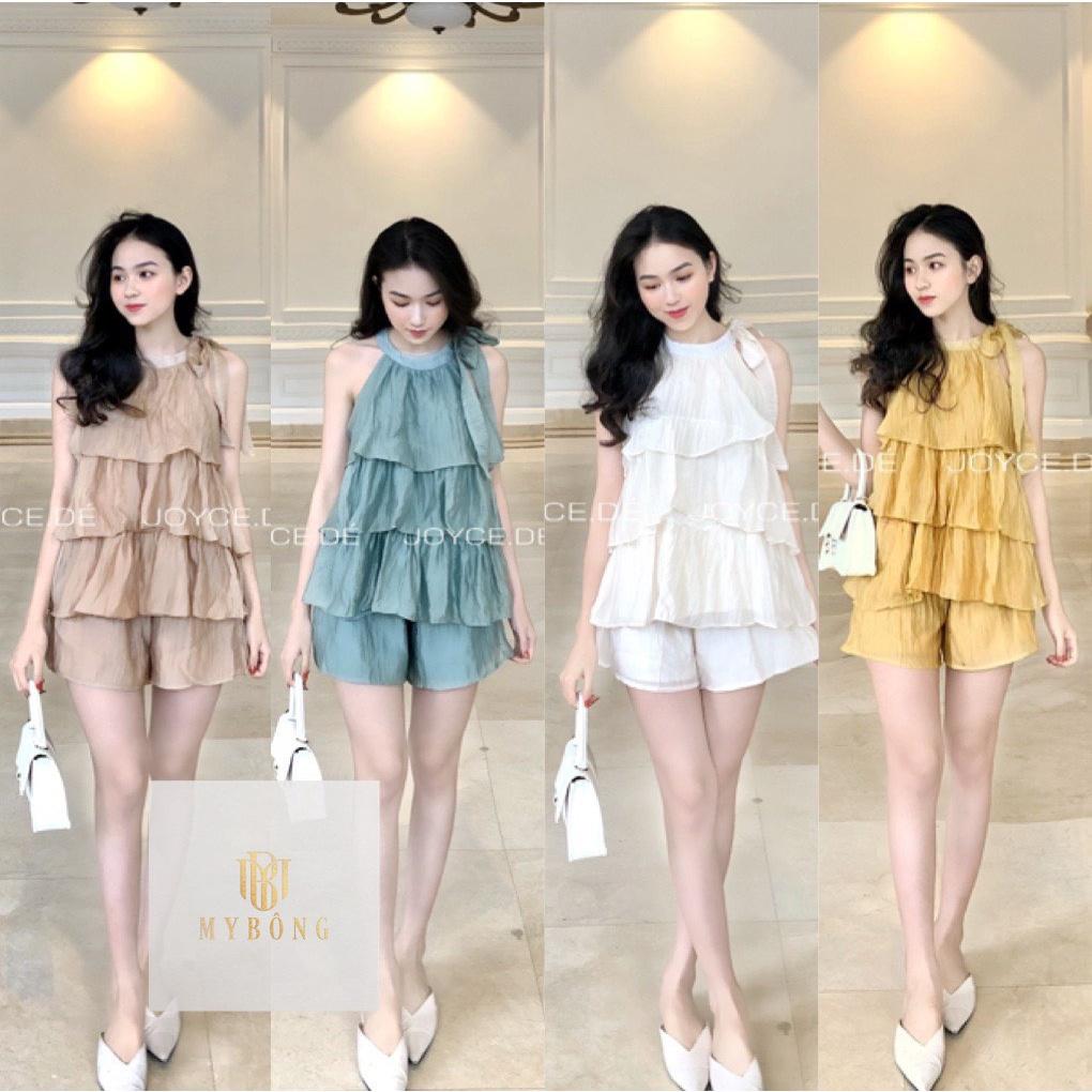 Set bộ nữ Áo sát nách cổ nơ 3 tầng mix quần sooc ống rộng sang chảnh tiểu thư bánh bèo