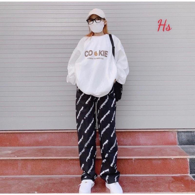 Áo Sweater Nỉ Ngoại Cookie tay phồng dày dặn Áo Swt Trắng In Hình Dễ Thương Tay Phồng Dài