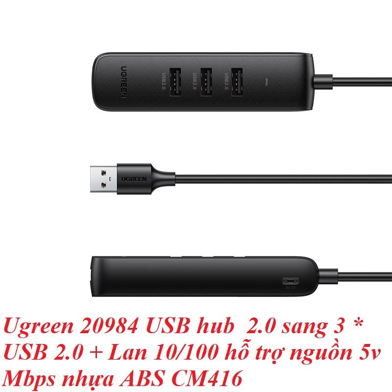 Ugreen UG20984cm416TK USB hub 2.0 sang 3 * USB 2.0 + Lan 10/100 hỗ trợ nguồn 5v Mbps nhựa ABS - HÀNG CHÍNH HÃNG