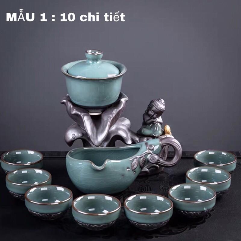 Bộ ấm chén pha trà đẹp cối xay kungfu Tử sa gốm sứ cao cấp,Bộ chén uống trà đạo 18 chi tiết chú tiểu màu xanh-M04