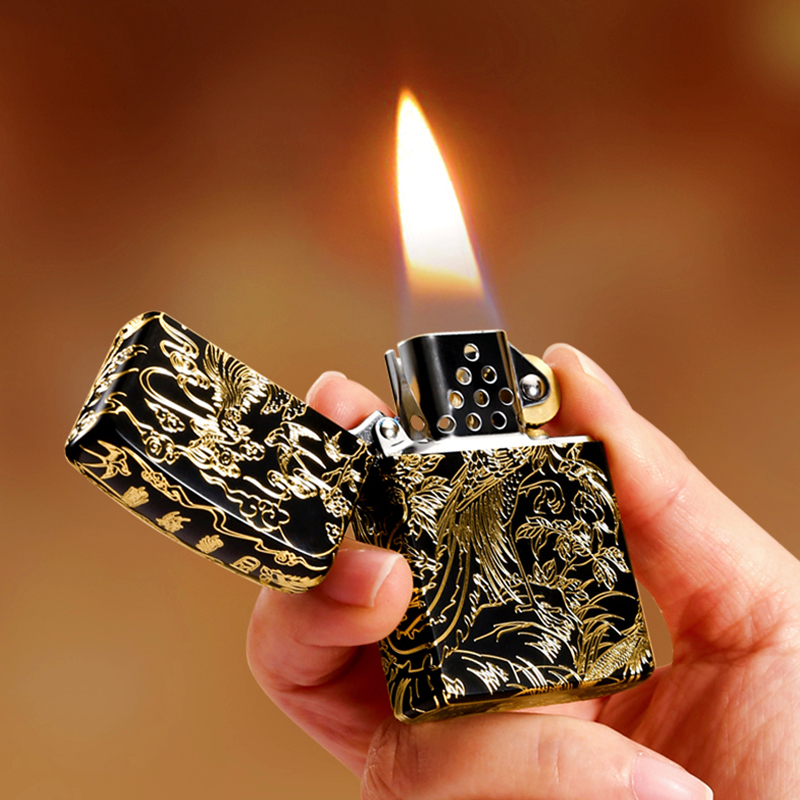 Vỏ Hột Quẹt Bật Lửa Xăng Đá Zorro Z2-1077 Khắc Họa Tiết Chim Phượng Hoàng Hoa Mẫu Đơn Phú Quý