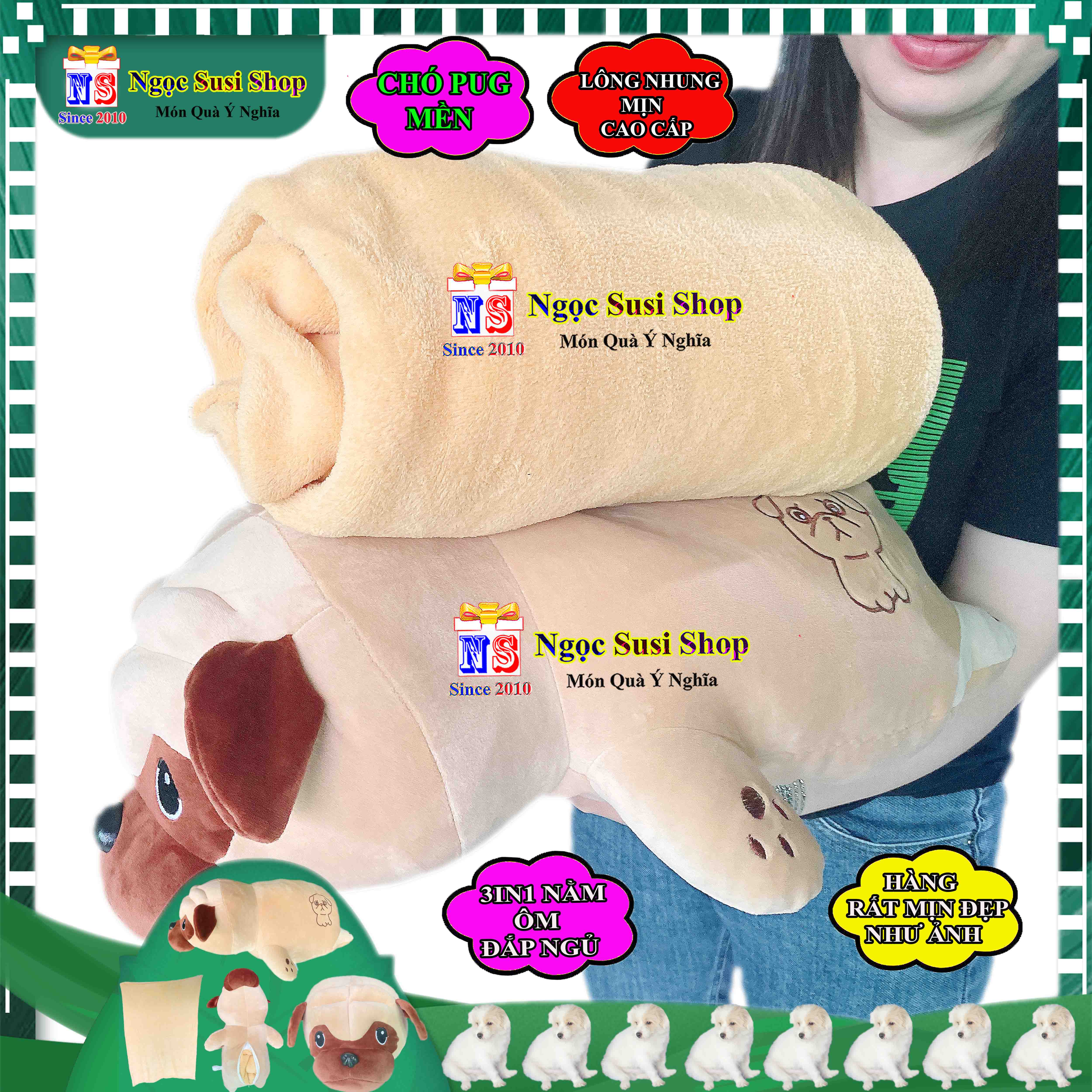 THÚ BÔNG MỀN 3IN1 CON CHÓ PUG NẰM ÔM ĐẮP MỀN NGỦ RẤT ĐẸP - GẤU BÔNG CHÓ PUG MỀN 3IN1