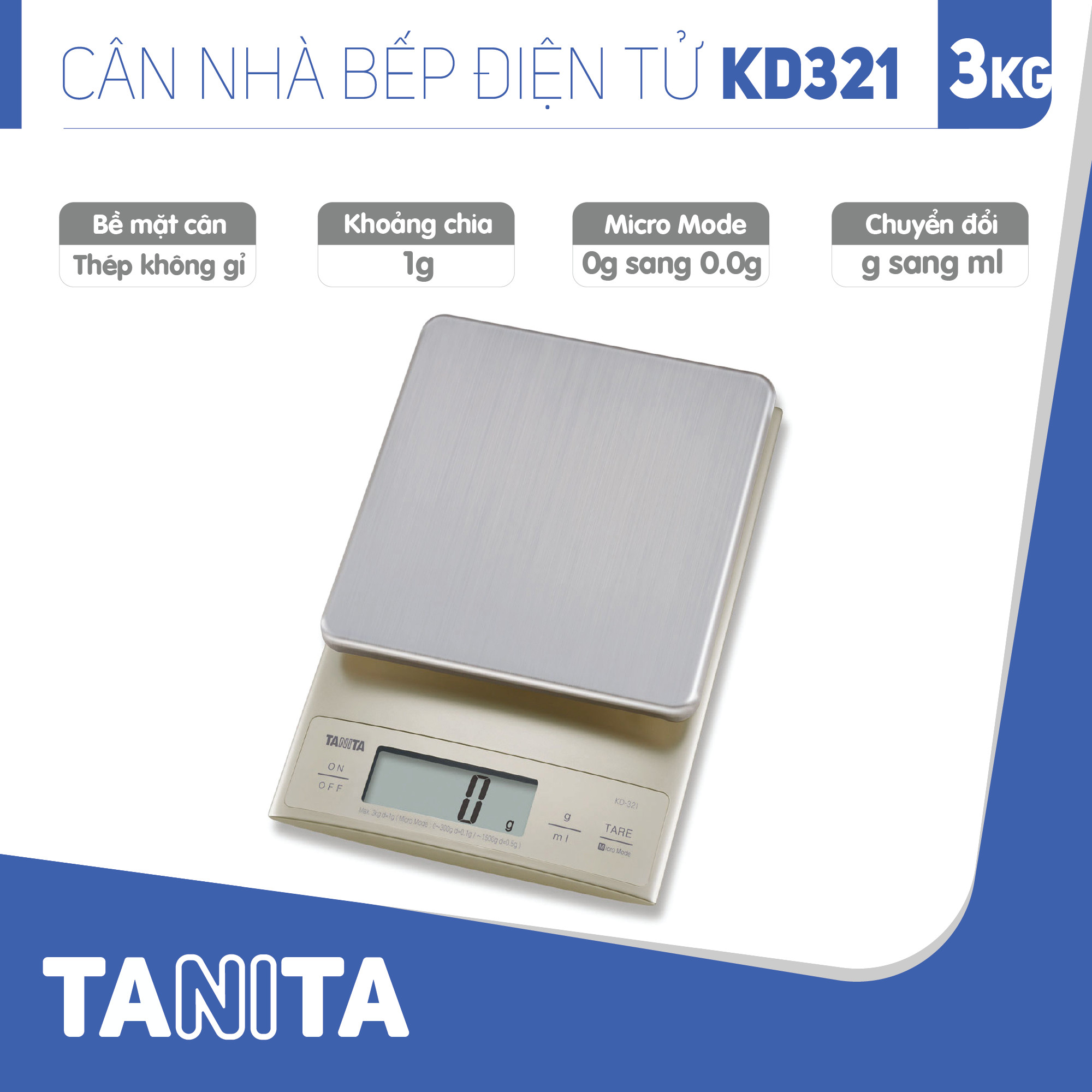 Cân điện tử nhà bếp TANITA KD321(3kg) (Chính hãng Nhật Bản), Cân nhà bếp 1kg, Cân nhà bếp 2kg, Cân nhà bếp 3kg, Cân nhà bếp độ chia 0.1g tối đa 200g, Cân Nhật, Cân trọng lượng, Cân chính hãng, Cân thực phẩm, Cân thức ăn, Cân tiểu ly điện tử, Cân chính xác