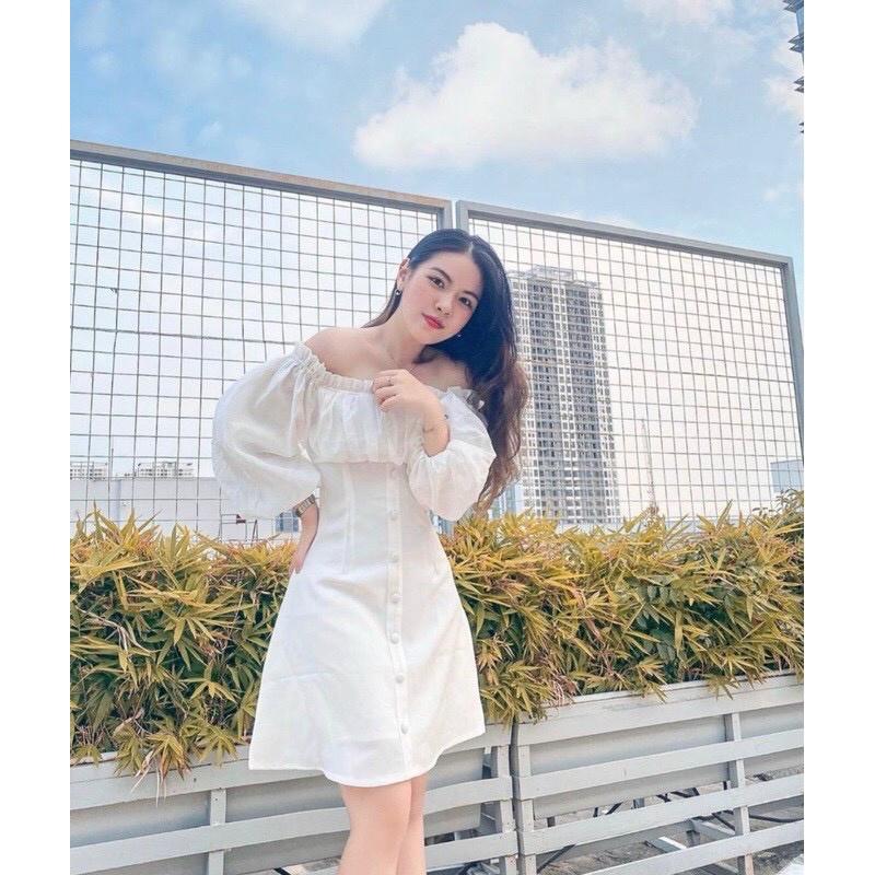 Váy trắng, váy babydoll trễ vai tiểu thư tay bồng hở lưng, mặc đi biển, đi chơi, đầm dự tiệc sang trọng siêu xinh,VAY003