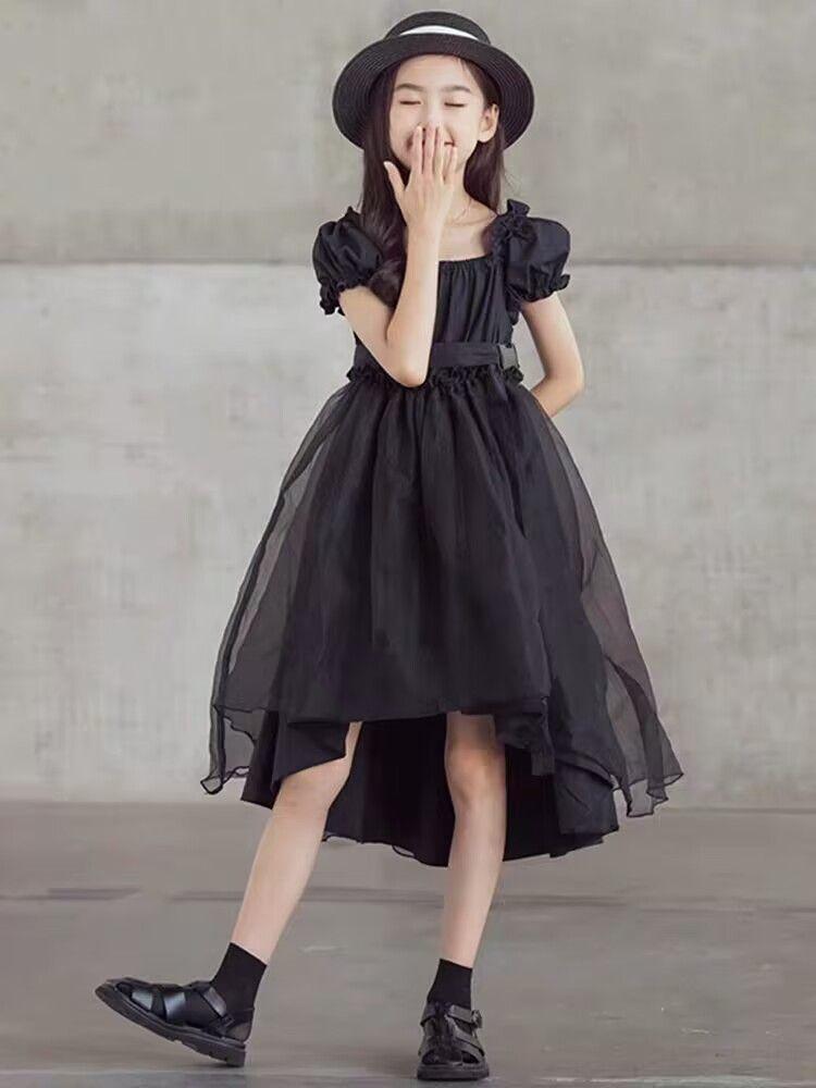 DONGSHOP HOT Cô gái công chúa váy 2021 mùa hè trẻ em màu đen retro khí chất tuxedo đầm đầm cổ tích đầm