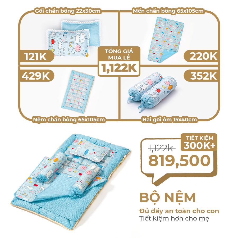 Bộ Nệm Sơ Sinh Khang Home BBS06 - 100% Cotton Thiên Nhiên - Giúp Bé Ngủ Thẳng Lưng Không Cong Vẹo Cột Sống