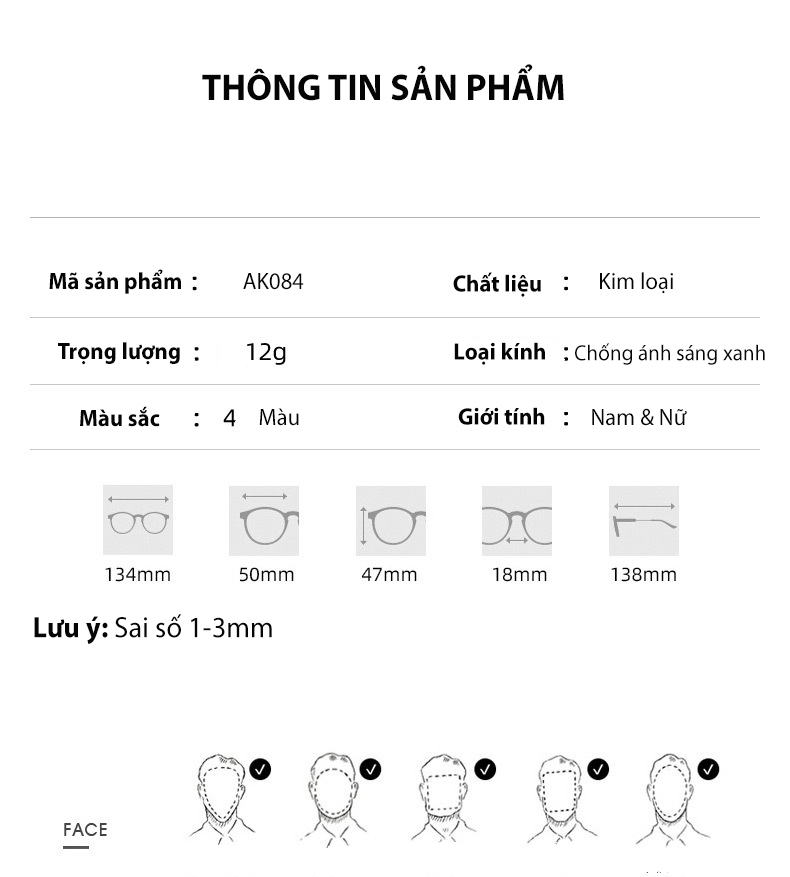 Gọng Kính Cận Aoron, Kính Đổi Màu Tròng Kính Chống Ánh Sáng Xanh Dáng Tròn Gọng Kim Loại Viền Trẻ Trung AK084