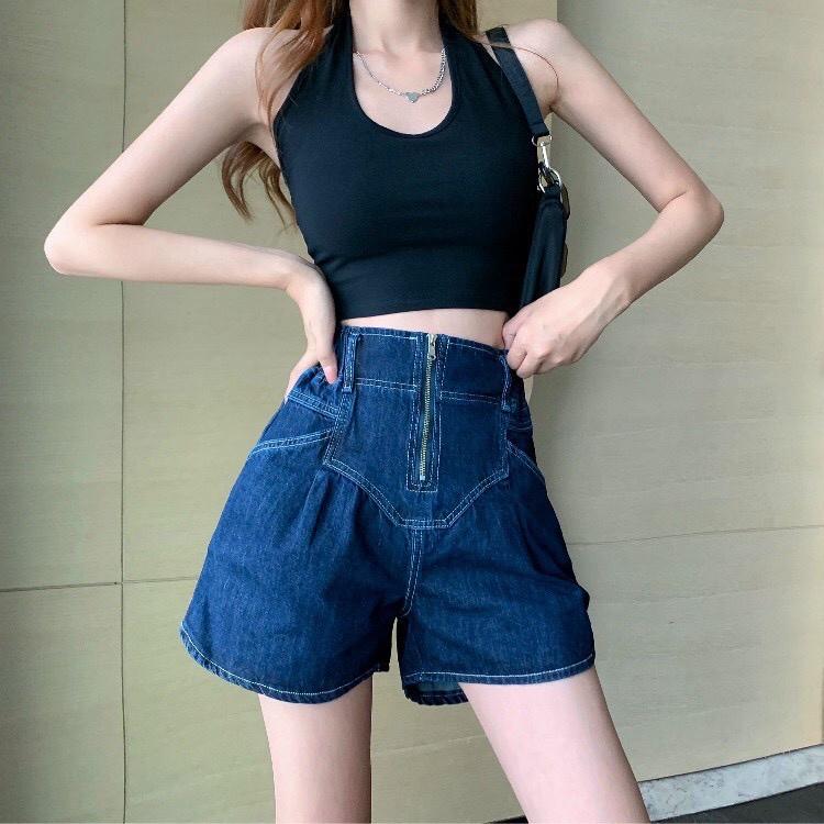 Quần Short Jean Nữ Ống Rộng Cạp Cao Phối Khóa Kéo