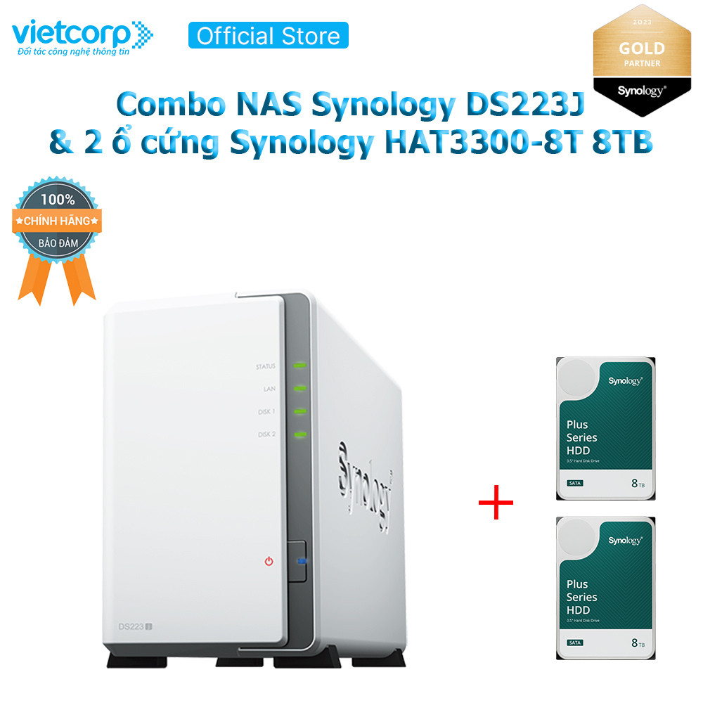 Combo Thiết bị lưu trữ NAS Synology DS223j và 2 ổ cứng HDD cho NAS Synology HAT3300-8T Hàng Chính Hãng
