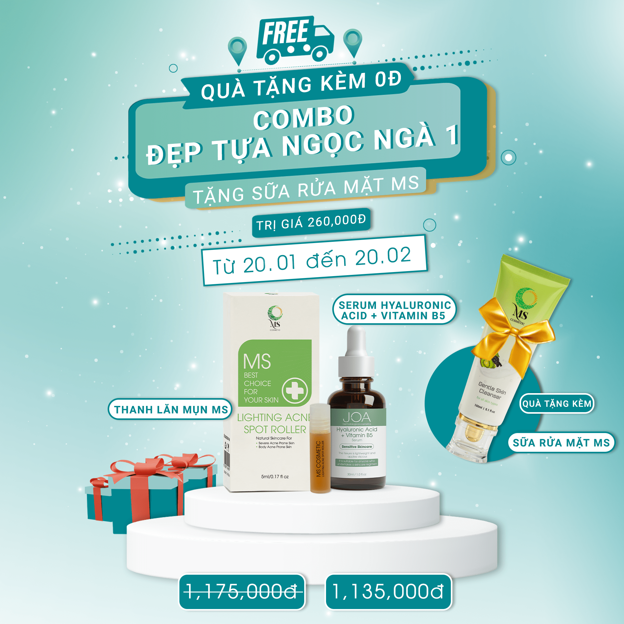 [Combo] 1 Thanh Lăn Mụn MS 5ml + 1 Serum Phục Hồi Da Hyaluronic Acid B5 - JOA GREEN (TẶNG 1 Sữa Rửa Mặt MS 150ml) - MỸ PHẨM MS COSMETIC