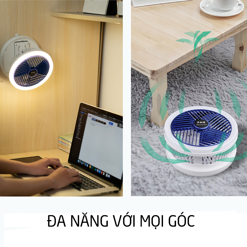 Quạt tích điện mini đa năng có thể gấp gọn xoay 300 độ tích hợp đèn học điều chỉnh ánh sáng