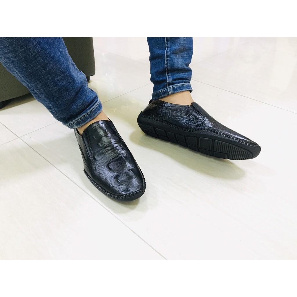 Giày Lười Nam Da Bò Vân Cá Sấu, Giày Bệt Nam Da Bò, Đế Cao Su Đi Êm Ái, Phong Cách Hiện Đại Cực Bền.